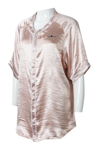 BU40  製造短袖女裝棒球衫  團體訂製棒球衫款式 啪鈕粉色繡花LOGO  棒球衫中心    絲光